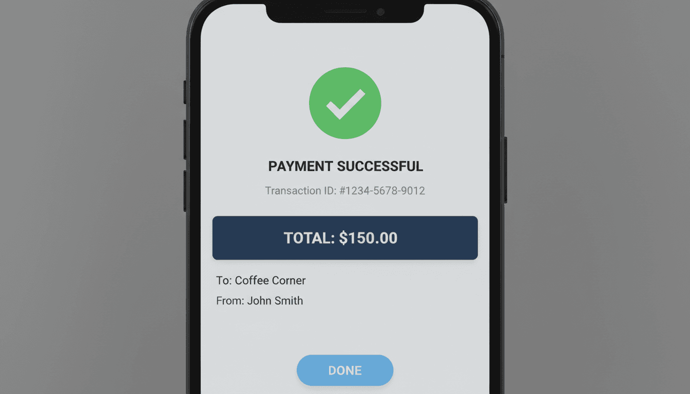 Smartphone displaying a completed payment on a digital app