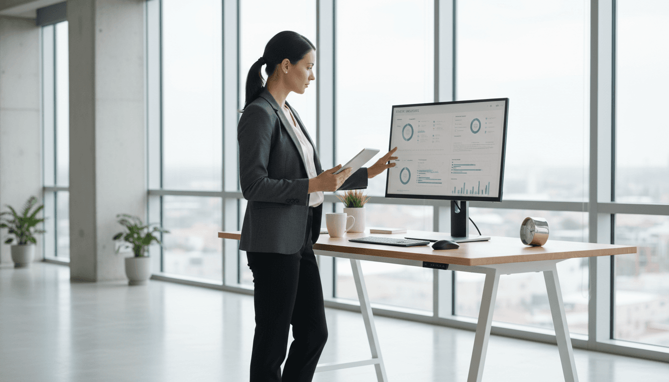 Professional woman working at desk with computer and phone