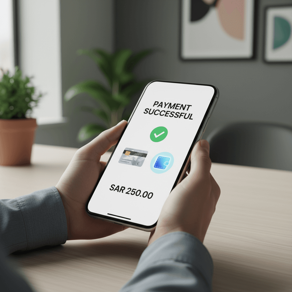 Person holding smartphone with digital payment app open on screen in modern office