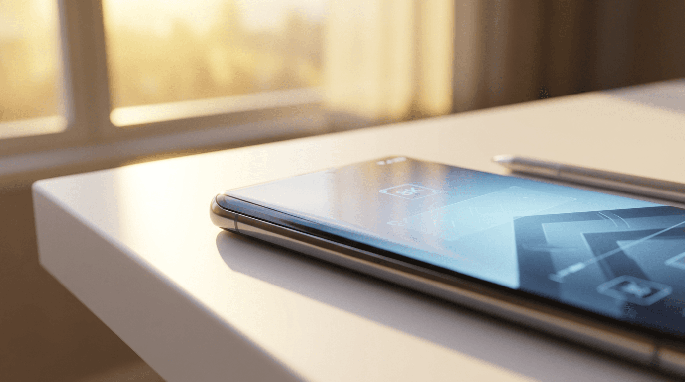 A smartphone and stack of credit cards on a modern desk