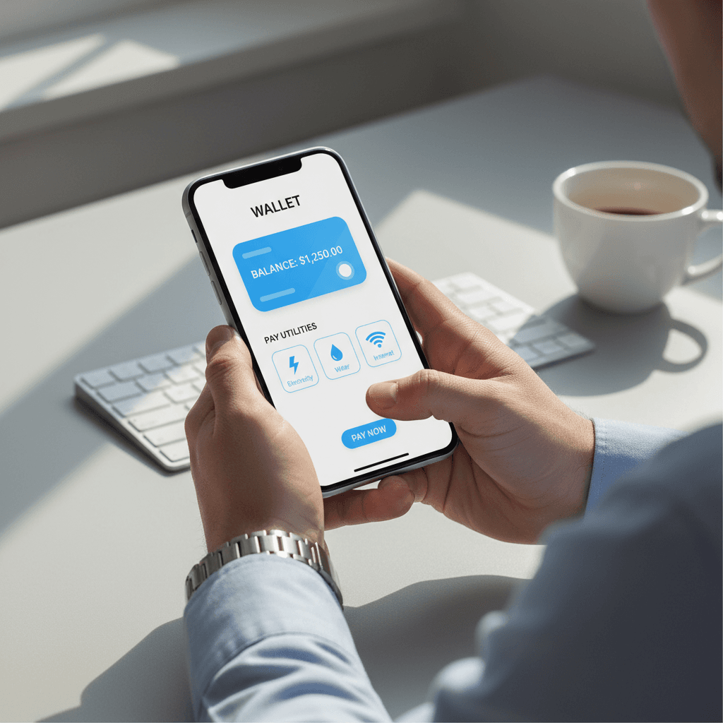 Smartphone displaying a digital payment app interface on a clean desk